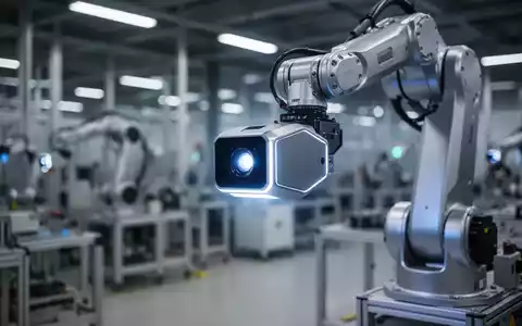 Nahaufnahme eines futuristischen LiDAR-Sensors in einem Roboterarm, der in einer automatisierten Fabrik sanft leuchtet. - Foto: über boerse-global.de