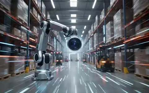 Nahaufnahme eines Roboterarms mit einer Kameralinse, der sich durch ein Hightech-Lager bewegt und KI-Navigation demonstriert. - Foto: über boerse-global.de