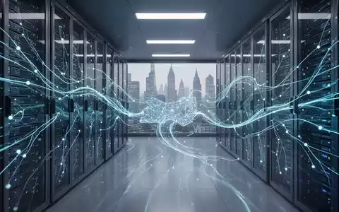 Futuristischer Serverraum mit leuchtend blauen Datenströmen und dezenten europäischen Stadtsilhouetten, die OpenAIs Expansion und KI-Politik in Europa symbolisieren. - Foto: über boerse-global.de