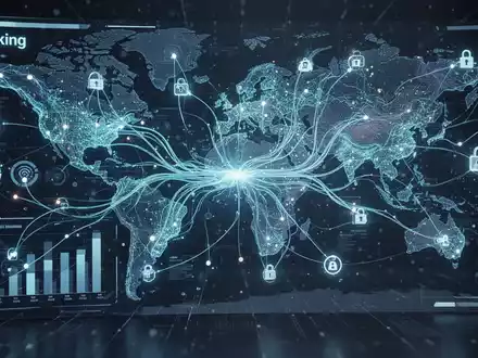 Stilisierte digitale Banking-Oberfläche mit abstrakten Datenflüssen, die KI und sichere globale Transaktionen darstellt. - Foto: über boerse-global.de