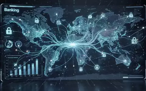 Stilisierte digitale Banking-Oberfläche mit abstrakten Datenflüssen, die KI und sichere globale Transaktionen darstellt. - Foto: über boerse-global.de