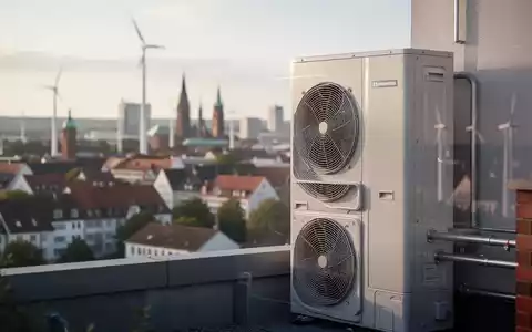 Eine stilisiert dargestellte moderne Heizungsanlage oder Wärmepumpe vor dem Hintergrund einer unscharfen deutschen Stadtlandschaft. - Foto: über boerse-global.de