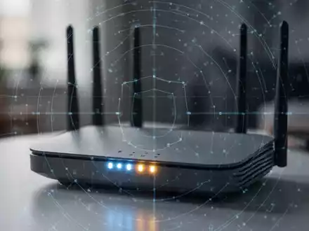 Ein moderner WLAN-Router mit leuchtenden Anzeigeleuchten und einem subtilen digitalen Sicherheitsraster, das Risiken und Vorschriften darstellt. - Foto: über boerse-global.de