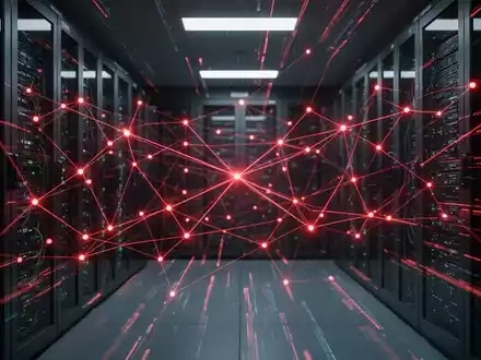 Abstrakte Darstellung von Cybersicherheit mit leuchtend roten Linien und Knoten, die ein Netzwerk und Datenströme symbolisieren. - Foto: über boerse-global.de