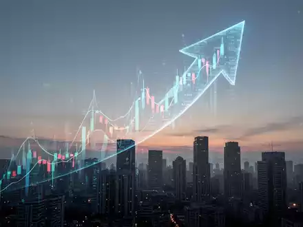 Ein stilisierter, aufwärts gerichteter Pfeil aus Finanzdiagrammen über einer Stadtlandschaft bei Sonnenuntergang, der einen Kurssprung symbolisiert. - Foto: über boerse-global.de
