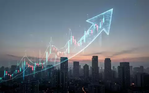 Ein stilisierter, aufwärts gerichteter Pfeil aus Finanzdiagrammen über einer Stadtlandschaft bei Sonnenuntergang, der einen Kurssprung symbolisiert. - Foto: über boerse-global.de