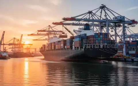 Ein geschäftiger Containerhafen bei Sonnenuntergang, mit einem großen Frachtschiff, das beladen wird, und Kränen im Hintergrund. - Foto: über boerse-global.de
