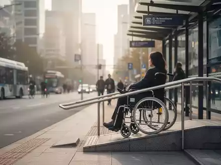 Eine Person im Rollstuhl auf einer Rampe, im Hintergrund eine Stadtstraße und eine Haltestelle für öffentliche Verkehrsmittel. - Foto: über boerse-global.de