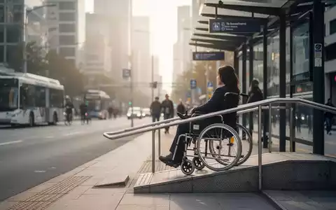 Eine Person im Rollstuhl auf einer Rampe, im Hintergrund eine Stadtstraße und eine Haltestelle für öffentliche Verkehrsmittel. - Foto: über boerse-global.de