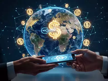 Digitale Erdkugel mit Netzlinien, Stablecoin-Symbolen und Händen, die digitale Währung tauschen – symbolisiert globale Stablecoin-Überweisungen. - Foto: über boerse-global.de