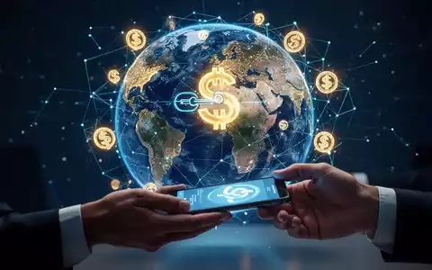 Digitale Erdkugel mit Netzlinien, Stablecoin-Symbolen und Händen, die digitale Währung tauschen – symbolisiert globale Stablecoin-Überweisungen. - Foto: über boerse-global.de