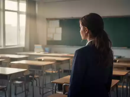 Eine junge Lehrerin steht in einem leeren Klassenzimmer und blickt nachdenklich auf die leeren Schülertische. - Foto: über boerse-global.de