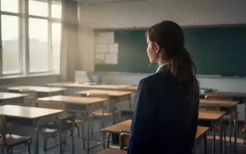 Eine junge Lehrerin steht in einem leeren Klassenzimmer und blickt nachdenklich auf die leeren Schülertische. - Foto: über boerse-global.de