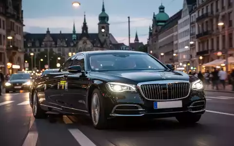 Ein modernes schwarzes Chauffeurfahrzeug fährt bei Dämmerung durch eine belebte deutsche Stadt, im Hintergrund verschwommene Architektur. - Foto: über boerse-global.de
