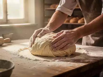 HĂ€nde eines BĂ€ckers kneten Teig auf einer bemehlten HolzoberflĂ€che in einer traditionellen BĂ€ckerei, frĂŒhes Morgenlicht fĂ€llt ein. - Foto: ĂŒber boerse-global.de