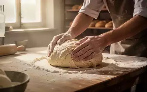 Hände eines Bäckers kneten Teig auf einer bemehlten Holzoberfläche in einer traditionellen Bäckerei, frühes Morgenlicht fällt ein. - Foto: über boerse-global.de