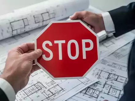 Eine Hand hält ein rotes Stoppschild vor verschwommenen Bauplänen und Dokumenten, symbolisierend das Ende der Gebäudeförderung. - Foto: über boerse-global.de