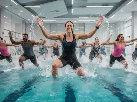 Eine Gruppe Erwachsener führt dynamische Aquafitness-Übungen in einem modernen Schwimmbad durch, Wasser spritzt. - Foto: über boerse-global.de