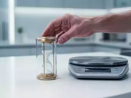 Eine Hand platziert eine kleine Sanduhr neben einer digitalen Küchenwaage auf einer Arbeitsplatte. Symbolisiert Zeit und Messung beim Fasten. - Foto: über boerse-global.de