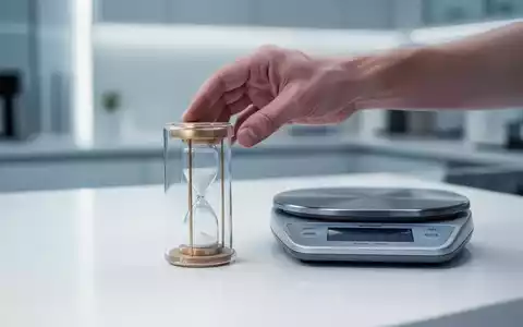 Eine Hand platziert eine kleine Sanduhr neben einer digitalen Küchenwaage auf einer Arbeitsplatte. Symbolisiert Zeit und Messung beim Fasten. - Foto: über boerse-global.de