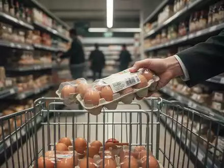 Eine Hand greift in einem deutschen Supermarkt nach einer Packung Eier, symbolisiert Lebensmittelknappheit und wirtschaftlichen Druck. - Foto: über boerse-global.de