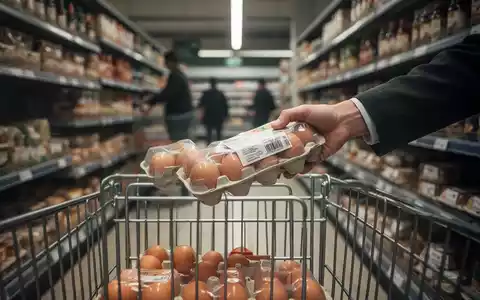Eine Hand greift in einem deutschen Supermarkt nach einer Packung Eier, symbolisiert Lebensmittelknappheit und wirtschaftlichen Druck. - Foto: über boerse-global.de