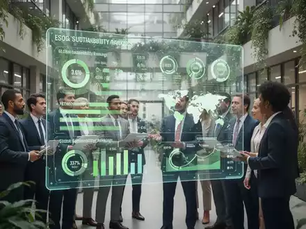 Geschäftsleute in einem modernen Bürogebäude, die ESG-Metriken und Nachhaltigkeitsrankings auf einem digitalen Bildschirm betrachten. - Foto: über boerse-global.de