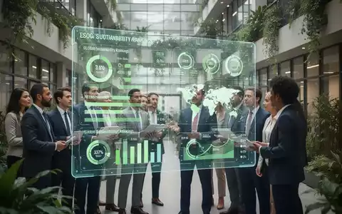 Geschäftsleute in einem modernen Bürogebäude, die ESG-Metriken und Nachhaltigkeitsrankings auf einem digitalen Bildschirm betrachten. - Foto: über boerse-global.de