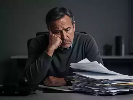 Eine nachdenkliche Psychotherapeutin sitzt in einem schummrigen Büro und blickt besorgt auf Dokumente. - Foto: über boerse-global.de