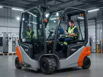 Ein Techniker prüft einen modernen Elektrostapler in einer Industriehalle, mit Fokus auf Sicherheit und Technologie. - Foto: über boerse-global.de