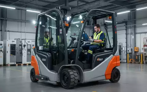 Ein Techniker prüft einen modernen Elektrostapler in einer Industriehalle, mit Fokus auf Sicherheit und Technologie. - Foto: über boerse-global.de