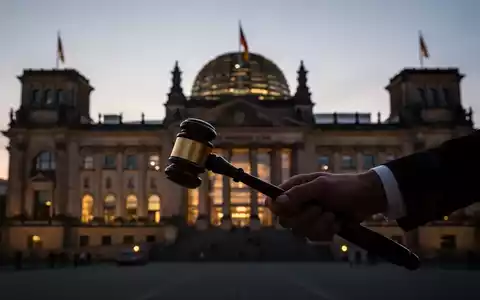 Bundestagsgebäude bei Dämmerung mit einer Hand, die einen Hammer hält, symbolisiert Gesetzgebung und Reform. - Foto: über boerse-global.de