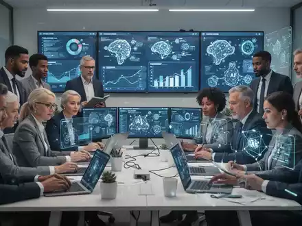 Eine Gruppe von Fachkräften nimmt an einer modernen Schulung teil, wobei digitale Bildschirme KI-Konzepte und Daten visualisieren. - Foto: über boerse-global.de