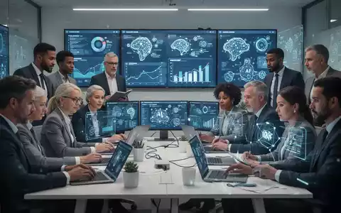 Eine Gruppe von Fachkräften nimmt an einer modernen Schulung teil, wobei digitale Bildschirme KI-Konzepte und Daten visualisieren. - Foto: über boerse-global.de