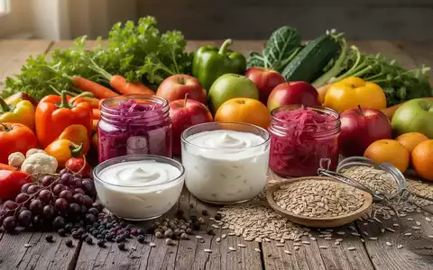 Ein Stillleben mit bunten, entzündungshemmenden Lebensmitteln wie frischem Gemüse, Obst, Joghurt und Sauerkraut auf einem Holztisch. - Foto: über boerse-global.de