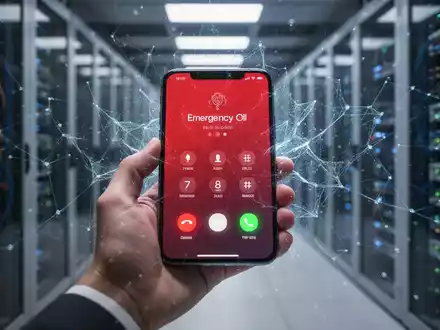 Eine Hand hält ein Smartphone mit Notruf-Bildschirm, subtiler digitaler Störeffekt über unscharfem Netzwerk-Hintergrund. - Foto: über boerse-global.de