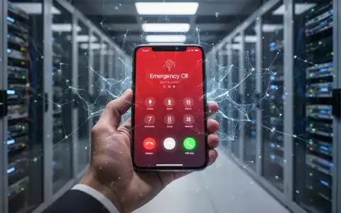 Eine Hand hält ein Smartphone mit Notruf-Bildschirm, subtiler digitaler Störeffekt über unscharfem Netzwerk-Hintergrund. - Foto: über boerse-global.de