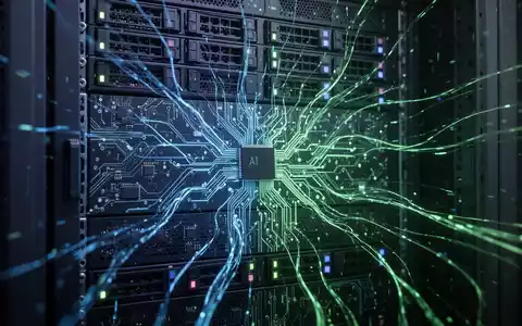 Hochtechnologie-Serverrack mit leuchtend blauen und grünen Datenströmen, die KI-Rechenleistung symbolisieren, einige Schaltkreise schwach beleuchtet. - Foto: über boerse-global.de