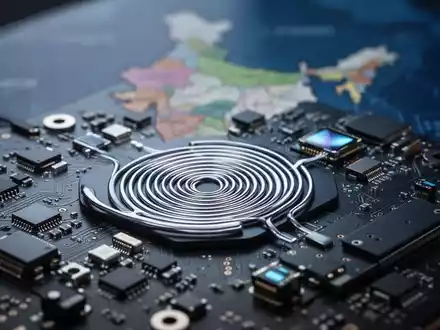 Nahaufnahme von Smartphone-Komponenten, darunter drahtlose Ladespulen und Platine, mit einer schwachen Indienkarte im Hintergrund. - Foto: über boerse-global.de