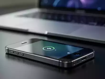 Ein älteres iPhone mit dezentem Fehlerhinweis auf dem Display, auf dunkler Oberfläche liegend, im Hintergrund ein unscharfer Laptop. - Foto: über boerse-global.de