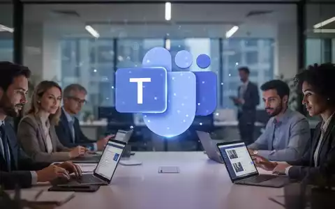 Stilisiertes Microsoft Teams-Logo projiziert in modernes Büro mit unscharfen, kollaborierenden Figuren, symbolisiert digitale Produktivität und Updates. - Foto: über boerse-global.de