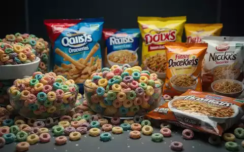 Nahaufnahme einer Ansammlung von hochverarbeiteten Lebensmitteln wie bunten Cerealien, verpackten Snacks und Fertiggerichten auf dunklem Hintergrund. - Foto: über boerse-global.de