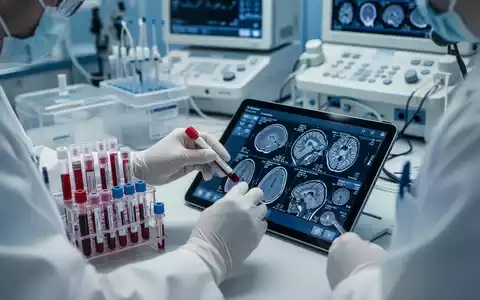 Nahaufnahme von Händen in einem Labor, die Blutproben und ein Tablet mit Gehirnscans halten, umgeben von Diagnosegeräten. - Foto: über boerse-global.de