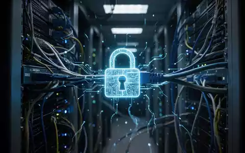 Dunkler Serverraum mit blauen Leuchten an Geräten, digitales Vorhängeschloss über Netzwerkkabeln, Symbol für Cybersicherheitsherausforderungen. - Foto: über boerse-global.de