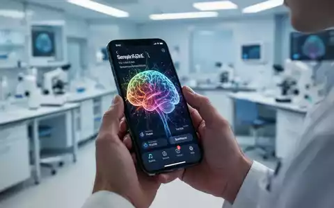 Hände halten ein Smartphone mit einer Gehirn-Gesundheits-App, im Hintergrund verschwommen eine moderne medizinische Umgebung. - Foto: über boerse-global.de