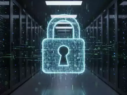 Ein leuchtendes digitales Vorhängeschloss, gebildet aus Binärcode und Datenströmen, über einem dunklen Serverraum. - Foto: über boerse-global.de