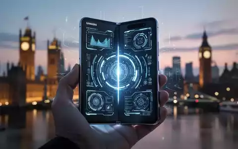 Schlankes, futuristisches Samsung-Falt-Smartphone leuchtet mit KI-Oberflächen, gehalten in einer Hand vor verschwommener Londoner Skyline in der Dämmerung. - Foto: über boerse-global.de