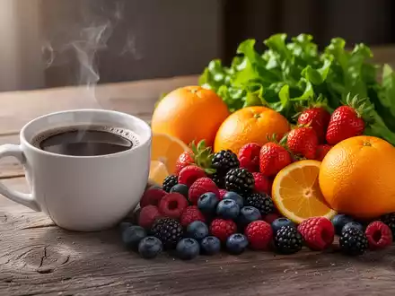 Eine Tasse Kaffee umgeben von Beeren, Zitrusfrüchten, grünem Blattgemüse und Olivenöl auf einem Holztisch. - Foto: über boerse-global.de