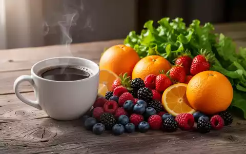 Eine Tasse Kaffee umgeben von Beeren, Zitrusfrüchten, grünem Blattgemüse und Olivenöl auf einem Holztisch. - Foto: über boerse-global.de