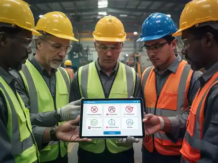 Eine vielfältige Gruppe von Industriearbeitern in Schutzkleidung schaut auf ein Tablet, das mehrsprachige Sicherheitsanweisungen anzeigt. - Foto: über boerse-global.de